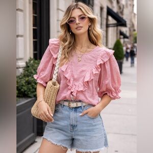 THE GREAT. Pink Ruffled Drapey Feminine Blouse 100% Cotton